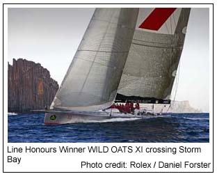 Line Honours Winner WILD OATS XI at the Organ Pipes off Cape Raoul, Photo credit: Rolex / Daniel Forster